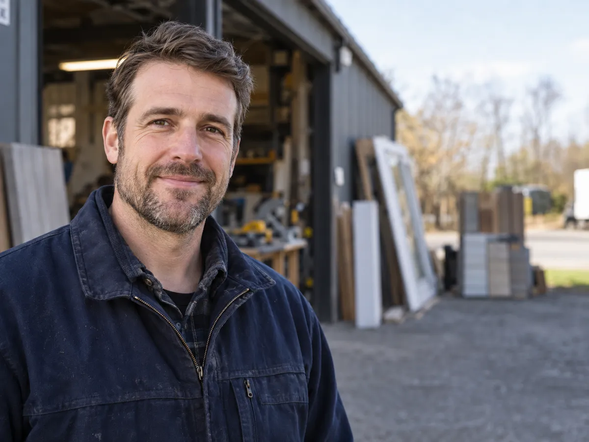 Evan Mercer outside the Northline Exteriors workshop