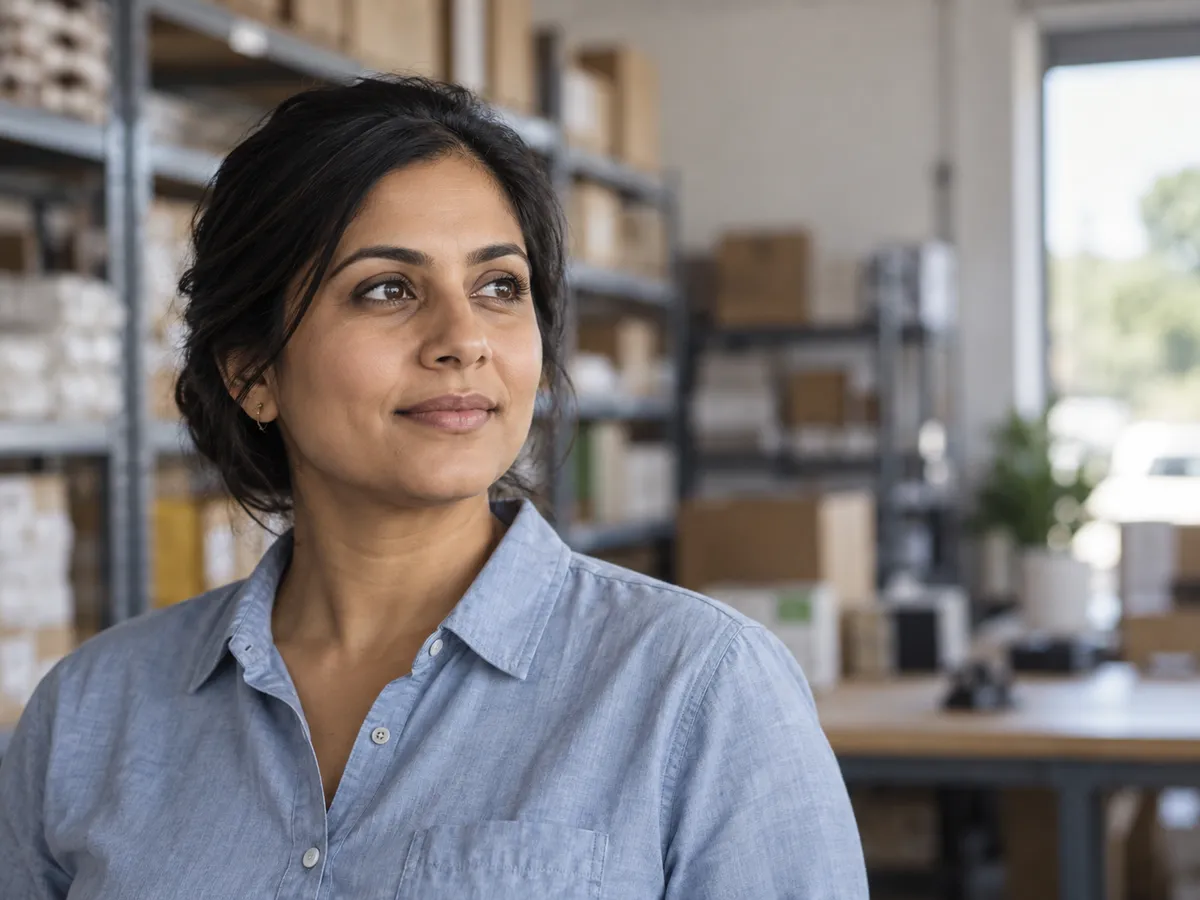 Priya Desai in the Harborline Supply Co. warehouse office